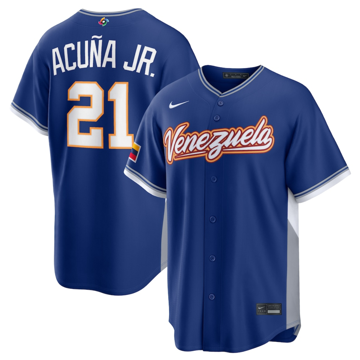 Men's Venezuela Baseball #21 Ronald Acuña Jr.  Blue 2026 World Baseball Classic Road Stadium Stitched Jersey